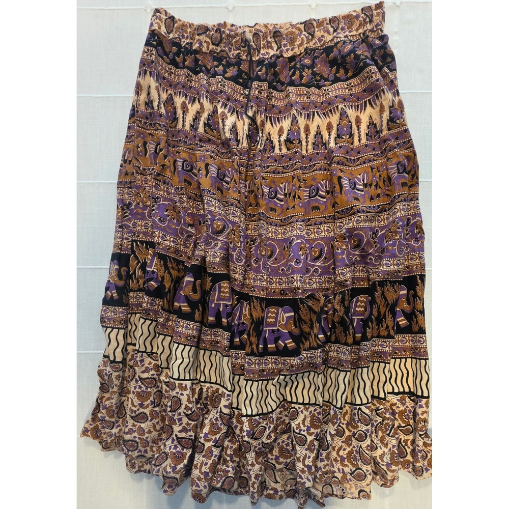 Boho Elephant Print Maxi Skirt Purple Gold Tiered Elastic Waist Festival Skirt
